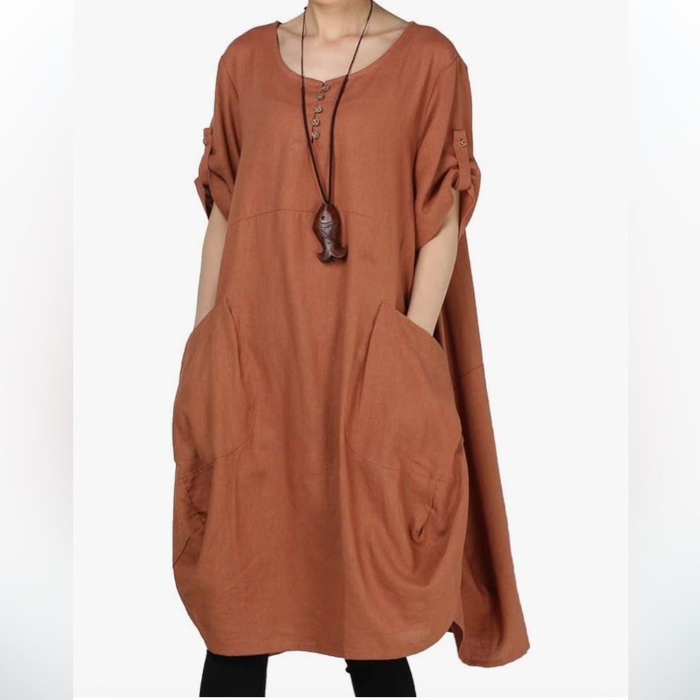 Linen Casual Brown Tunic Dress Knee Length